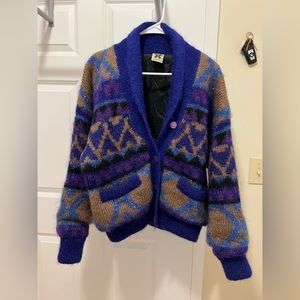 Purple mohair wool hand knit cardigan sweater